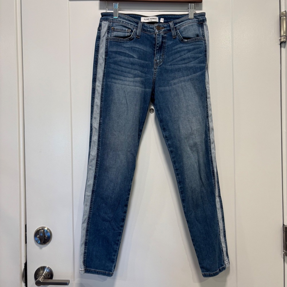 Flying Monkey Platinum Striped Side Tape Skinny Jeans Blue Medium Wash 28 Y2383